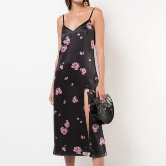 Reformation Britten Dress Black Floral Midi Lauren Slit Silk Size Large - Picture 3 of 7